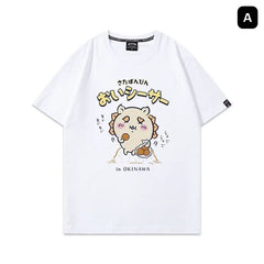 人気キャラ プリント トップス おいシーサー ユニセックス 半袖Tシャツ
