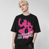 人気キャラ プリント トップス ピンクシルエット グラフィティ風フロントプリントデザイン ユニセックス 半袖 Tシャツ