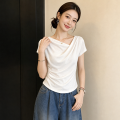 ドレープ アシンメトリーネック サイドギャザー レディース 半袖Tシャツ トップス