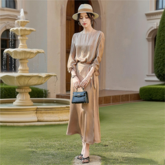 レディース サテン ウエストリボン 七分袖ワンピース|上品・気質