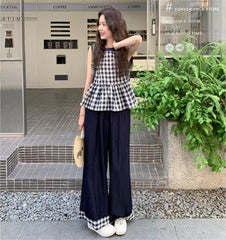 モノクロチェック リボンタイトップス&ワイドパンツ レディース セットアップ