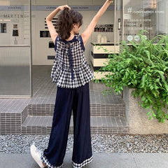 モノクロチェック リボンタイトップス&ワイドパンツ レディース セットアップ