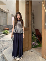 モノクロチェック リボンタイトップス&ワイドパンツ レディース セットアップ