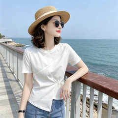 アシンメトリー切替 ドローストリングウエスト レディース 半袖Tシャツ トップス