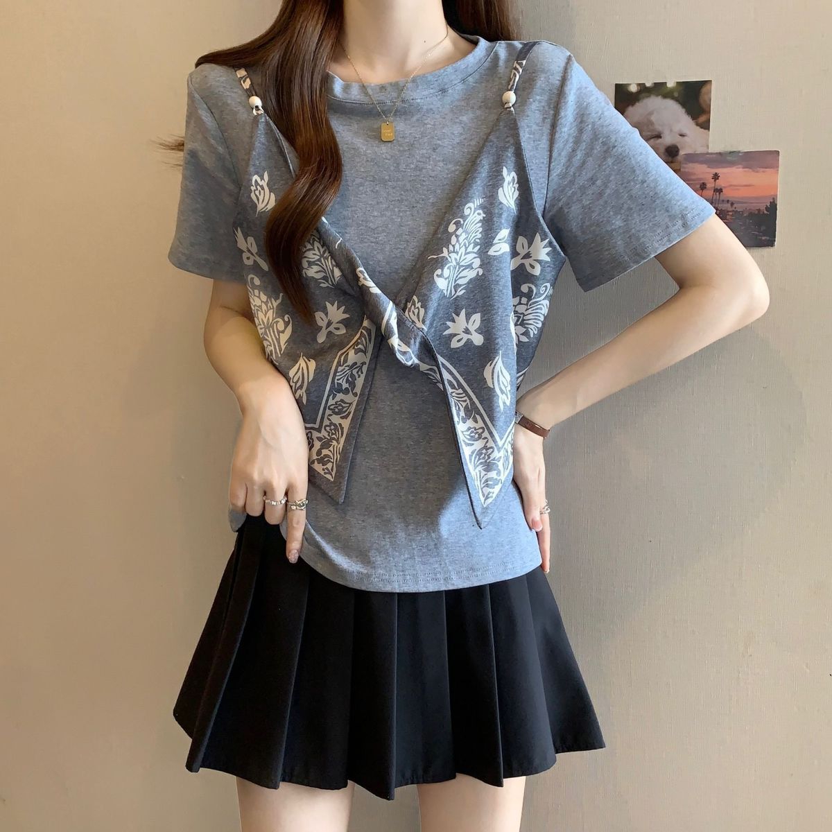 サテン フェイクツーセット リボンディテール ストラップ 半袖 Tシャツ レディース トップス
