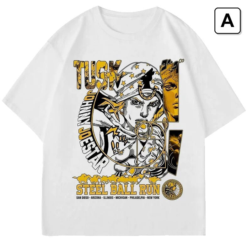 人気キャラ プリント トップス スティール・ボール・ラン風 ユニセックス 半袖Ｔシャツ