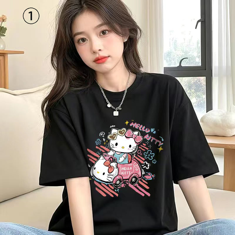 人気キャラ プリント キティプリント×半袖  綿素材 キュートデザイン ユニセックス Tシャツ