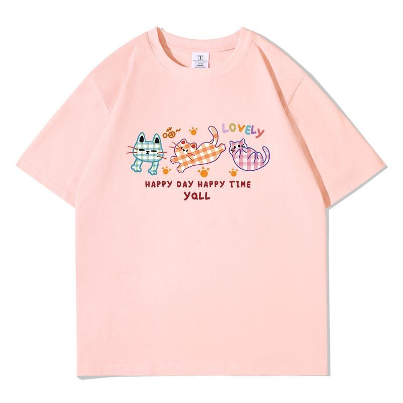 キティプリント×ルーズシルエット レディース 綿素材 こだわりデザイン Tシャツ トップス