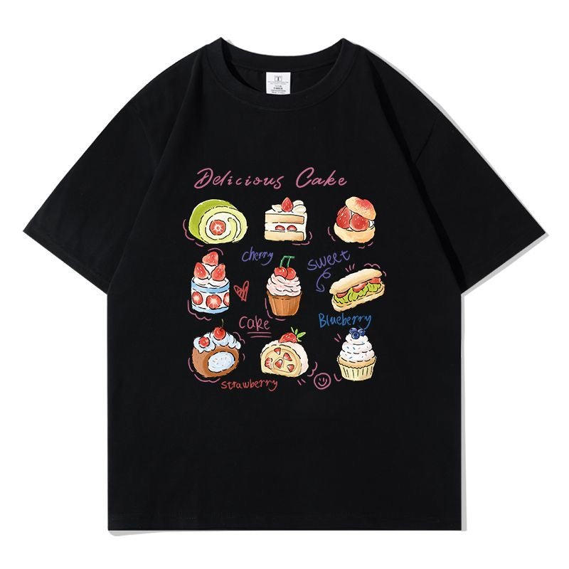 デザートプリント×ルーズシルエット レディース 半袖Tシャツ 夏用 かわいいスイーツデザイン トップス