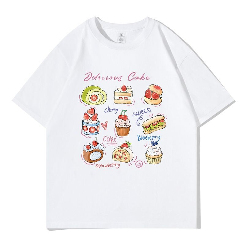 デザートプリント×ルーズシルエット レディース 半袖Tシャツ 夏用 かわいいスイーツデザイン トップス
