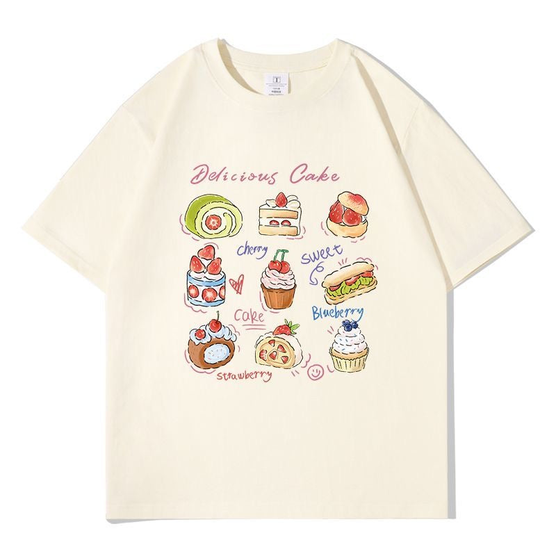デザートプリント×ルーズシルエット レディース 半袖Tシャツ 夏用 かわいいスイーツデザイン トップス