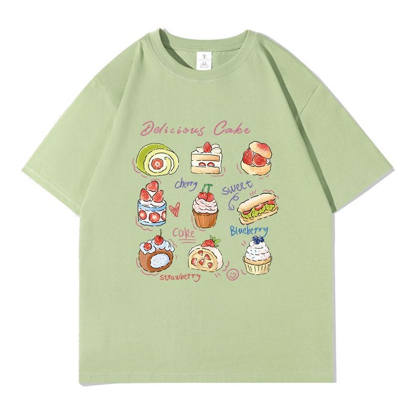 デザートプリント×ルーズシルエット レディース 半袖Tシャツ 夏用 かわいいスイーツデザイン トップス