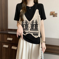 半袖 ニットミックス フェイクツーセット Tシャツ レディース トップス