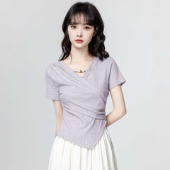 3色×半袖｜Vネック切り抜き アシンメトリー シルエットTシャツ レディース トップス