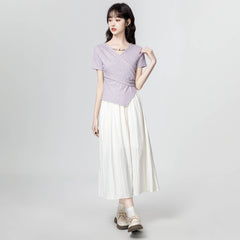 3色×半袖｜Vネック切り抜き アシンメトリー シルエットTシャツ レディース トップス
