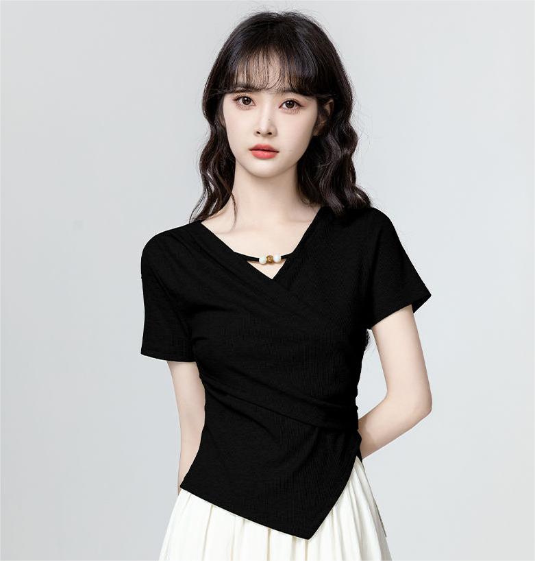 3色×半袖｜Vネック切り抜き アシンメトリー シルエットTシャツ レディース トップス