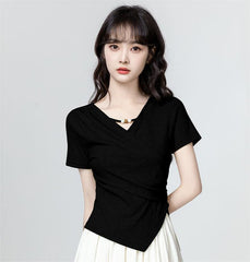 3色×半袖｜Vネック切り抜き アシンメトリー シルエットTシャツ レディース トップス
