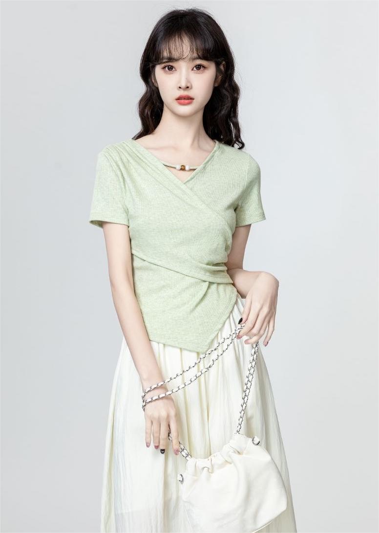 3色×半袖｜Vネック切り抜き アシンメトリー シルエットTシャツ レディース トップス