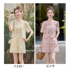 レース＆オープンワーク 半袖トップス＆ショートパンツ レディース セットアップ