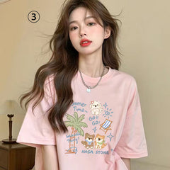 人気キャラ プリント キティプリント×半袖  綿素材 キュートデザイン ユニセックス Tシャツ