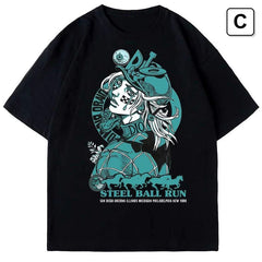 人気キャラ プリント トップス スティール・ボール・ラン風 ユニセックス 半袖Ｔシャツ