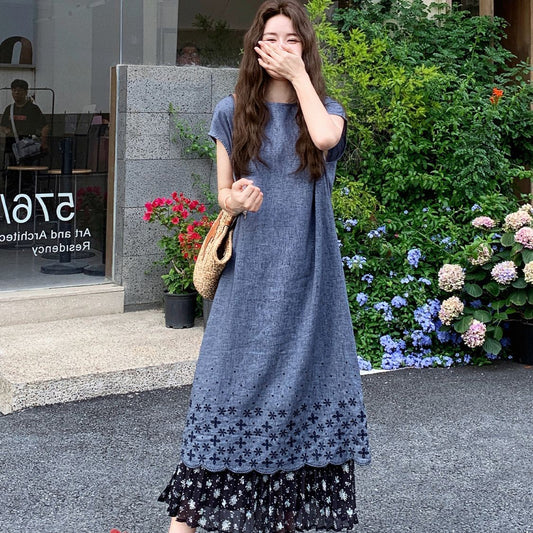 花柄ハイウエストロングスカート切替 レイヤード風 レディース ロングワンピースセット