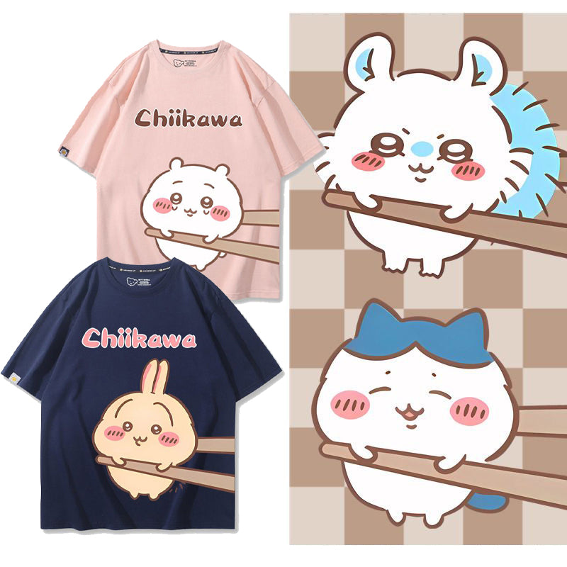 人気キャラ プリント トップス 箸で挟まれる ユニセックス 半袖Ｔシャツ