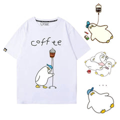 可愛いキャラ コーヒーで命をつなぐ アヒルさんトップス ユニセックス 半袖Ｔシャツ