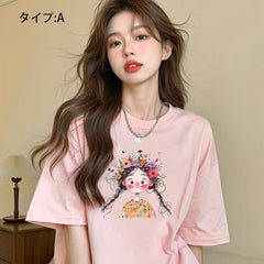 アニメ風キュートイラスト 半袖 レディース Tシャツ トップス