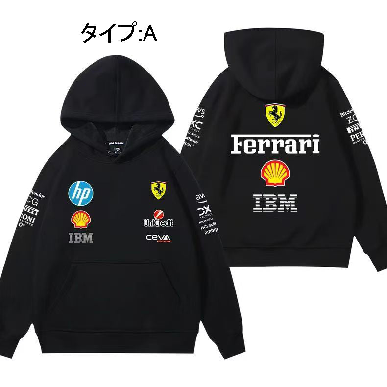 スポーツ＆カルチャー プリント トップス F1チーム風 レーシングデザイン ユニセックス 長袖 パーカー