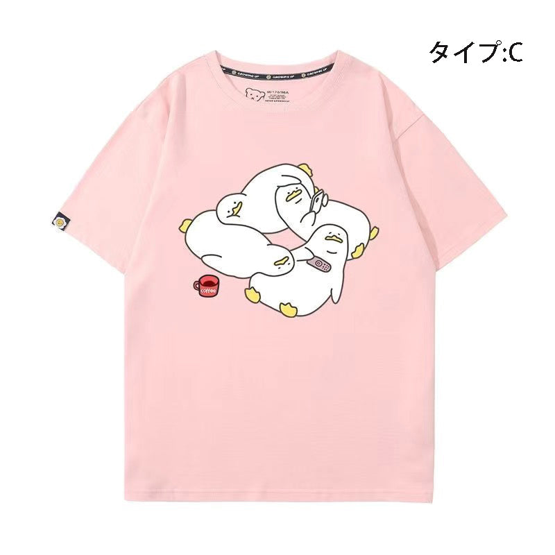 可愛いキャラ コーヒーで命をつなぐ アヒルさんトップス ユニセックス 半袖Ｔシャツ