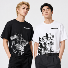 人気キャラ プリント トップス モノクロラインアート アシンメトリープリントデザイン ユニセックス 半袖 Ｔシャツ