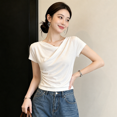 ドレープ アシンメトリーネック サイドギャザー レディース 半袖Ｔシャツ トップス
