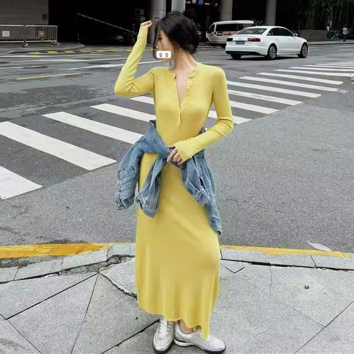 リブヘンリーネックロングワンピース