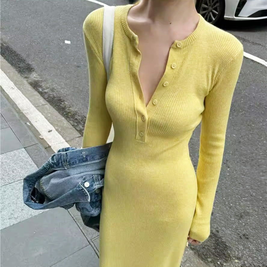 リブヘンリーネックロングワンピース