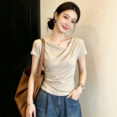 ドレープ アシンメトリーネック サイドギャザー レディース 半袖Ｔシャツ トップス