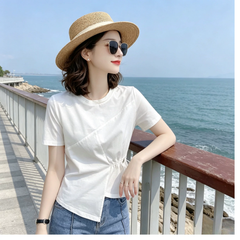 アシンメトリー切替 ドローストリングウエスト レディース 半袖Ｔシャツ トップス