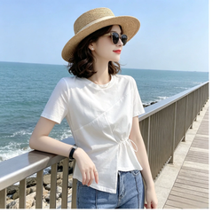 アシンメトリー切替 ドローストリングウエスト レディース 半袖Ｔシャツ トップス